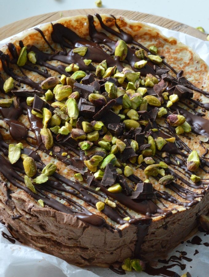 recept pannenkoekentaart met chocolade en pistachenoten betty's Kitchen zoete dessert taartrecepten
