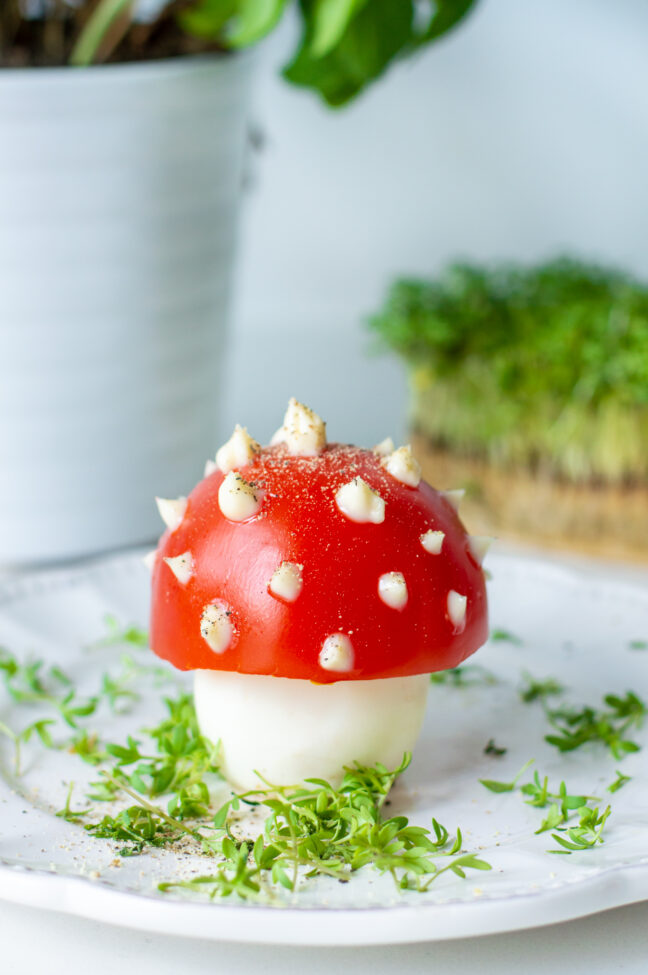 grote paddenstoel van gekookte ei en tomaat © bettyskitchen.nl