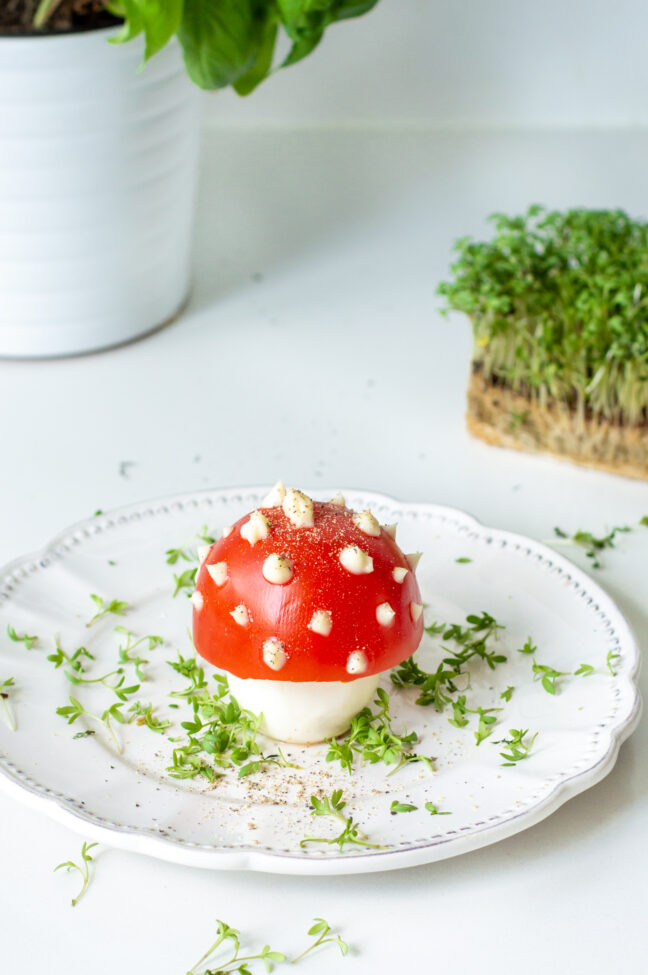grote paddenstoel van gekookte ei en tomaat © bettyskitchen.nl